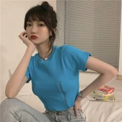 Sexy Double Zip Short Sleeved Crop Top 12 Sexy Double Zip Short Sleeved Crop Top -Kawaii Fashion Shop Lady Double Zippers Basic Tshirt White Blue Female Casual O Neck Short T Shirt 2022 Summer 4