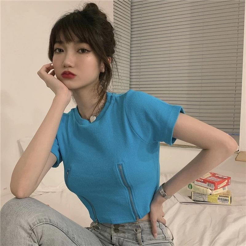 Sexy Double Zip Short Sleeved Crop Top 7 Sexy Double Zip Short Sleeved Crop Top - Image 5