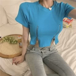 Sexy Double Zip Short Sleeved Crop Top 13 Sexy Double Zip Short Sleeved Crop Top -Kawaii Fashion Shop Lady Double Zippers Basic Tshirt White Blue Female Casual O Neck Short T Shirt 2022 Summer 5