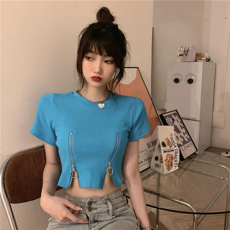 Sexy Double Zip Short Sleeved Crop Top 3 Sexy Double Zip Short Sleeved Crop Top