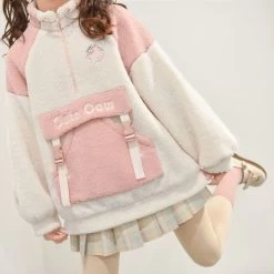 Kawaii Pink Lambswool Fuzzy Hoodie -Kawaii Fashion Shop Lambswool Hoodies Women Autumn Fuzzy Hoodies Patchwork Pocket Warm Faux Fur Sweatshirts Aesthetic Oversized Female Girls 3