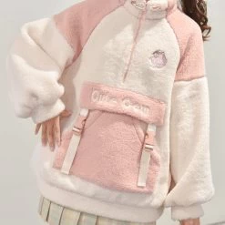 Kawaii Pink Lambswool Fuzzy Hoodie -Kawaii Fashion Shop Lambswool Hoodies Women Autumn Fuzzy Hoodies Patchwork Pocket Warm Faux Fur Sweatshirts Aesthetic Oversized Female Girls 4