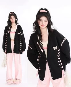 Lazy Style Black Pink Love Knit Cardigan -Kawaii Fashion Shop Lazy Style Black Pink Love Knit Cardigan 1