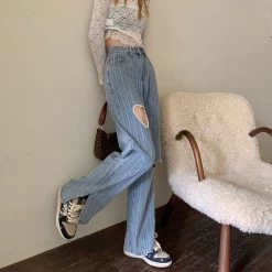 Kawaii Cutout Beaded Denim Pants 9 Kawaii Cutout Beaded Denim Pants -Kawaii Fashion Shop Light Blue Denim Trousers Vintage Heart shaped Hole Wide Leg Pants Women Korean Straight Long Pants 2