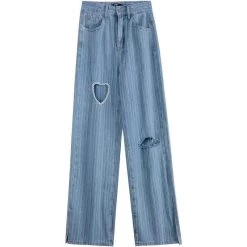 Kawaii Cutout Beaded Denim Pants 11 Kawaii Cutout Beaded Denim Pants -Kawaii Fashion Shop Light Blue Denim Trousers Vintage Heart shaped Hole Wide Leg Pants Women Korean Straight Long Pants 4