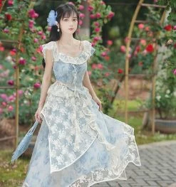 Light Sky Blue Lolita Outfits Lace Floral Print Sleeveless Top Skirt -Kawaii Fashion Shop Light Sky Blue Lolita Outfits Lace Floral Print Sleeveless Top Skirt 1