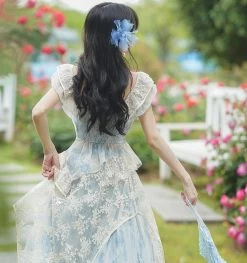 Light Sky Blue Lolita Outfits Lace Floral Print Sleeveless Top Skirt -Kawaii Fashion Shop Light Sky Blue Lolita Outfits Lace Floral Print Sleeveless Top Skirt 3