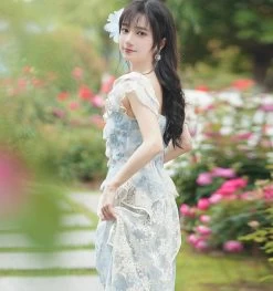 Light Sky Blue Lolita Outfits Lace Floral Print Sleeveless Top Skirt -Kawaii Fashion Shop Light Sky Blue Lolita Outfits Lace Floral Print Sleeveless Top Skirt 4