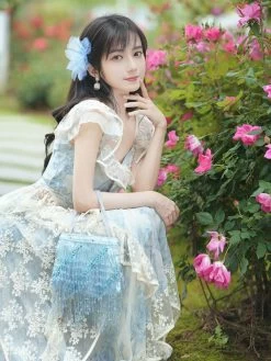 Light Sky Blue Lolita Outfits Lace Floral Print Sleeveless Top Skirt -Kawaii Fashion Shop Light Sky Blue Lolita Outfits Lace Floral Print Sleeveless Top Skirt 5