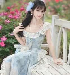 Light Sky Blue Lolita Outfits Lace Floral Print Sleeveless Top Skirt -Kawaii Fashion Shop Light Sky Blue Lolita Outfits Lace Floral Print Sleeveless Top Skirt 6