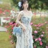 Light Sky Blue Lolita Outfits Lace Floral Print Sleeveless Top Skirt