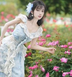 Light Sky Blue Lolita Outfits Lace Floral Print Sleeveless Top Skirt -Kawaii Fashion Shop Light Sky Blue Lolita Outfits Lace Floral Print Sleeveless Top Skirt 8