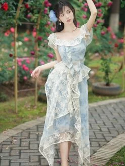 Light Sky Blue Lolita Outfits Lace Floral Print Sleeveless Top Skirt -Kawaii Fashion Shop Light Sky Blue Lolita Outfits Lace Floral Print Sleeveless Top Skirt 9