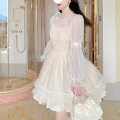 Kawaii Lolita Piece Dress -Kawaii Fashion Shop Lolita Kawaii Dress Women Casual Long Sleeve Vintage Y2k Mini Dress Female Japanese Style One Piece 2