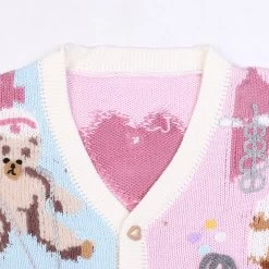 Kawaii Call A Medic Cardigan -Kawaii Fashion Shop Long Sleeve V neck Cartoon Embroidery Loose Knit Cardigan Jacket Nurse Sick Bears Love Knit Jacket 4