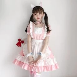 Kawaii Pink Loli Maid Dress -Kawaii Fashion Shop Maid outfit Japanese black and white women s loli maid plus size cosplay apron lace cute 2