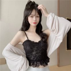 Kawaii Strappy Lace Bustier -Kawaii Fashion Shop Make firm offers lace the back strap cross sexy condole belt vest with breast pad 4