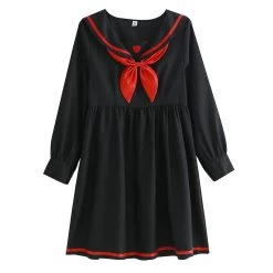 Sailor Girl Kawaii Vintage Dress 10 Sailor Girl Kawaii Vintage Dress -Kawaii Fashion Shop Mori Girl Lolita Teenage Casual Black Dress Japanese Vintage Long Sleeve Sailor Girls Uniform Cute Heart 2