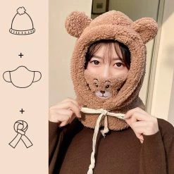 Kawaii Cartoon Bear Mask Hat Set -Kawaii Fashion Shop New Cartoon Bear Fleece Scarf Hood Mask Hat Set Cute Bear Ear Girl Women Winter Beanie 2
