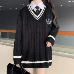 Japanese Sweet JK Uniform Sweater -Kawaii Fashion Shop New College Style Sweet JK Uniform Pullover Sweater Korean V neck Sweater Female Student Loose Outwear 3