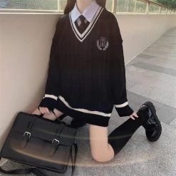 Japanese Sweet JK Uniform Sweater -Kawaii Fashion Shop New College Style Sweet JK Uniform Pullover Sweater Korean V neck Sweater Female Student Loose Outwear 5