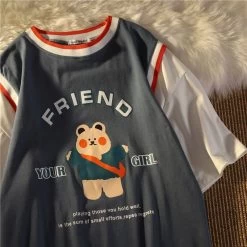 Kawaii Little Bear Printing T-Shirt -Kawaii Fashion Shop New Lovely Little Bear Printing T shirt Loose Stitching Fake Two piece Top Oversized Crewneck Couple 2