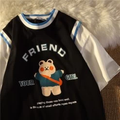 Kawaii Little Bear Printing T-Shirt -Kawaii Fashion Shop New Lovely Little Bear Printing T shirt Loose Stitching Fake Two piece Top Oversized Crewneck Couple 3
