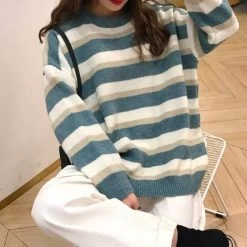 Korean Loose Striped Sweater -Kawaii Fashion Shop New Striped Sweater Women Student Turtleneck Korean Loose Long Knitting Pullover Sweater Winter Womens Tops Coat 4