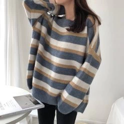 Korean Loose Striped Sweater -Kawaii Fashion Shop New Striped Sweater Women Student Turtleneck Korean Loose Long Knitting Pullover Sweater Winter Womens Tops Coat 5