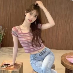 Vintage Stripe Knit Short T-shirt -Kawaii Fashion Shop New T Shirt Women Rainbow Striped Tops Slim Fit T Shirt Harajuku Tshirt Summer Short Sleeve 2