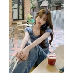 Vintage Stripe Knit Short T-shirt -Kawaii Fashion Shop New T Shirt Women Rainbow Striped Tops Slim Fit T Shirt Harajuku Tshirt Summer Short Sleeve 3