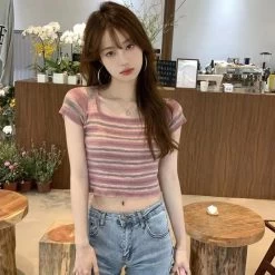 Vintage Stripe Knit Short T-shirt -Kawaii Fashion Shop New T Shirt Women Rainbow Striped Tops Slim Fit T Shirt Harajuku Tshirt Summer Short Sleeve 4