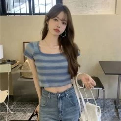 Vintage Stripe Knit Short T-shirt -Kawaii Fashion Shop New T Shirt Women Rainbow Striped Tops Slim Fit T Shirt Harajuku Tshirt Summer Short Sleeve 5