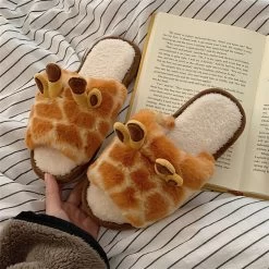 Cute Giraffe Inspired Slippers -Kawaii Fashion Shop New Winter Warm Women Cotton Shoe Cartoon Giraffe Female Home Slippers Fuzzy Indoor Flat Girly Slides 3