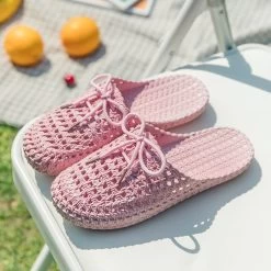 Kawaii Weaved Pastels Slip-on Slipper -Kawaii Fashion Shop New Women s Openwork Slippers Non slip Deodorant Breathable Flat Sandals Home Indoor Lazy Student Slippers 3