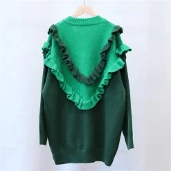Cute Double Color Ruffled Sweater -Kawaii Fashion Shop New Year Fall Winter V Neck Contrast Color Ruffled Stitching Long sleeved Pullover Thick Knitted Pullover 1