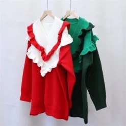 Cute Double Color Ruffled Sweater -Kawaii Fashion Shop New Year Fall Winter V Neck Contrast Color Ruffled Stitching Long sleeved Pullover Thick Knitted Pullover 2