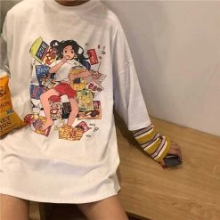 Kawaii Anime Girl Print T-Shirt -Kawaii Fashion Shop NiceMix 2022 Autumn Women Clothing Korean Ulzzang Harajuku T shirt Funny Printed Fake Two Long Sleeve 2
