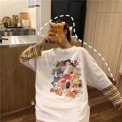 Kawaii Anime Girl Print T-Shirt -Kawaii Fashion Shop NiceMix 2022 Autumn Women Clothing Korean Ulzzang Harajuku T shirt Funny Printed Fake Two Long Sleeve 3