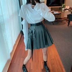 Punk Style Fashion T-shirt+High Waist Skirt Set 11 Punk Style Fashion T-shirt+High Waist Skirt Set -Kawaii Fashion Shop NiceMix black set A line Women Sexy Mini High Waist Skirt Streetwear Women Punk Style Side 3