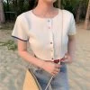 Kawaii Double Color Button Crop Top -Kawaii Fashion Shop O Neck Knitted Casual Short Sleeve Thin Sweater Cardigans Women Summer Colorful Buttons Cardigan Shirts Crop