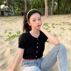 Kawaii Double Color Button Crop Top -Kawaii Fashion Shop O Neck Knitted Casual Short Sleeve Thin Sweater Cardigans Women Summer Colorful Buttons Cardigan Shirts Crop 2