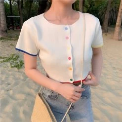 Kawaii Double Color Button Crop Top