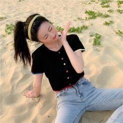 Kawaii Double Color Button Crop Top -Kawaii Fashion Shop O Neck Knitted Casual Short Sleeve Thin Sweater Cardigans Women Summer Colorful Buttons Cardigan Shirts Crop 3