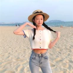 Kawaii Double Color Button Crop Top -Kawaii Fashion Shop O Neck Knitted Casual Short Sleeve Thin Sweater Cardigans Women Summer Colorful Buttons Cardigan Shirts Crop 5