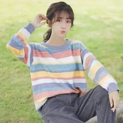Korean Fashion Girl All-match Striped Sweater -Kawaii Fashion Shop O1CN013aJ55Z23pjolSYME1 3191337305