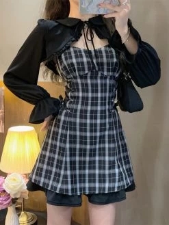 Summer Black Plaid Strap Waist Dress -Kawaii Fashion Shop O1CN013bF0mc1e06zNI0oLQ 1741453808