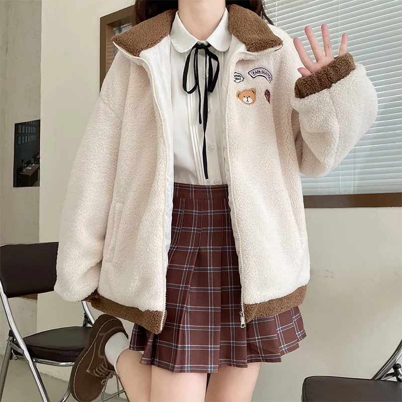 Japanese Mori Girl Style Color Matching Coat With Bear Shoulder Bag 4 Japanese Mori Girl Style Color Matching Coat With Bear Shoulder Bag - Image 2