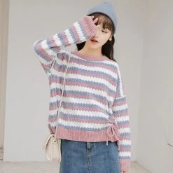 Fashion Girls Loose Short Style Contrast Color Striped Sweater