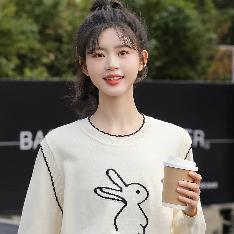 Fashion Fake Two-Piece Cartoon Rabbit Embroidered Sweater 7 Fashion Fake Two-Piece Cartoon Rabbit Embroidered Sweater - Image 5